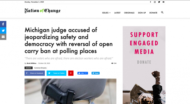 Nation of Change.com, Headline and an image of a gun tucked into someone's waistband.