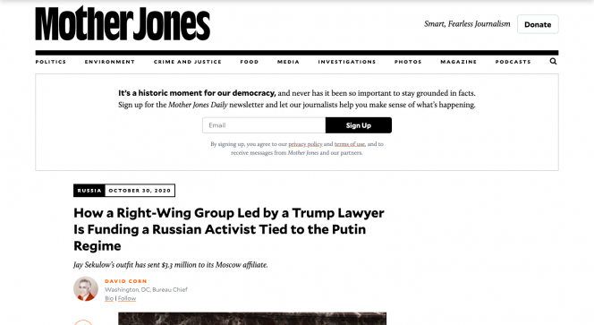 Mother Jones header, headline, and an image of author David Corn