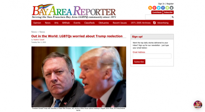 Bay Area Reporter in Rainbow colors, headline and a picture of president Trump