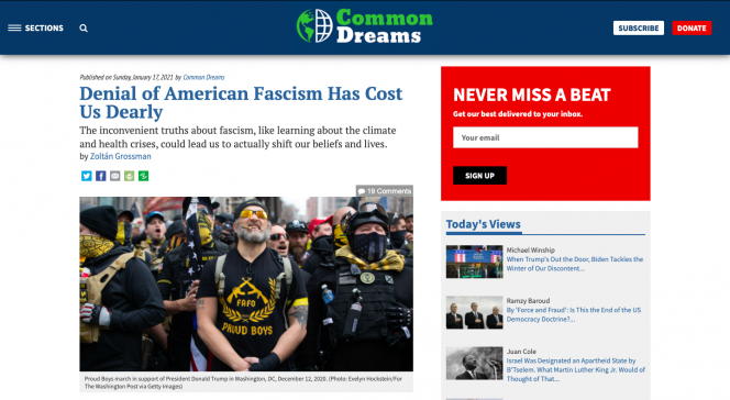 A dark blue bar wit Common Dreams across the top. The headline, and subtitle, and an image of a Proud Boys gathering