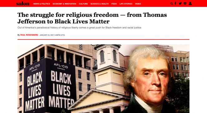 A red band across the top with Salon on the top. The headline, and a collage of a Black Lives Matter sign, a church and Thomas Jefferson.