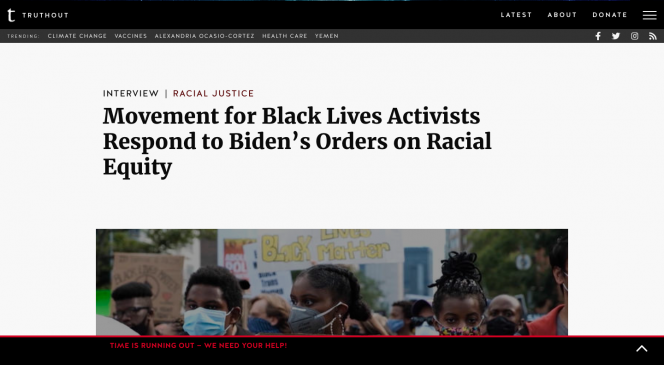 A black bar on top, headline and an image of Black protesters