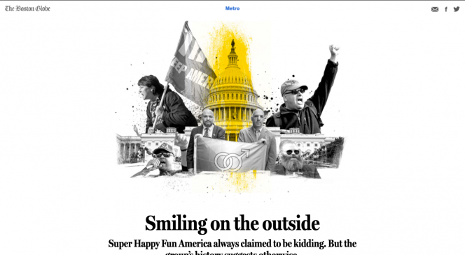 The Boston Globe metro page. A collage of people with their fists in the air and the U.S. Capitol