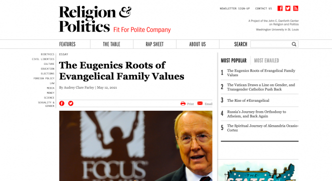 Religion and Politics on the top bar. Headline: The Eugenics Roots of Evangelical Family Values by Audrey Clare Farley