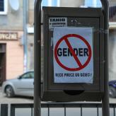 "Stop Gender Ideology" sign on bus stop in Polish