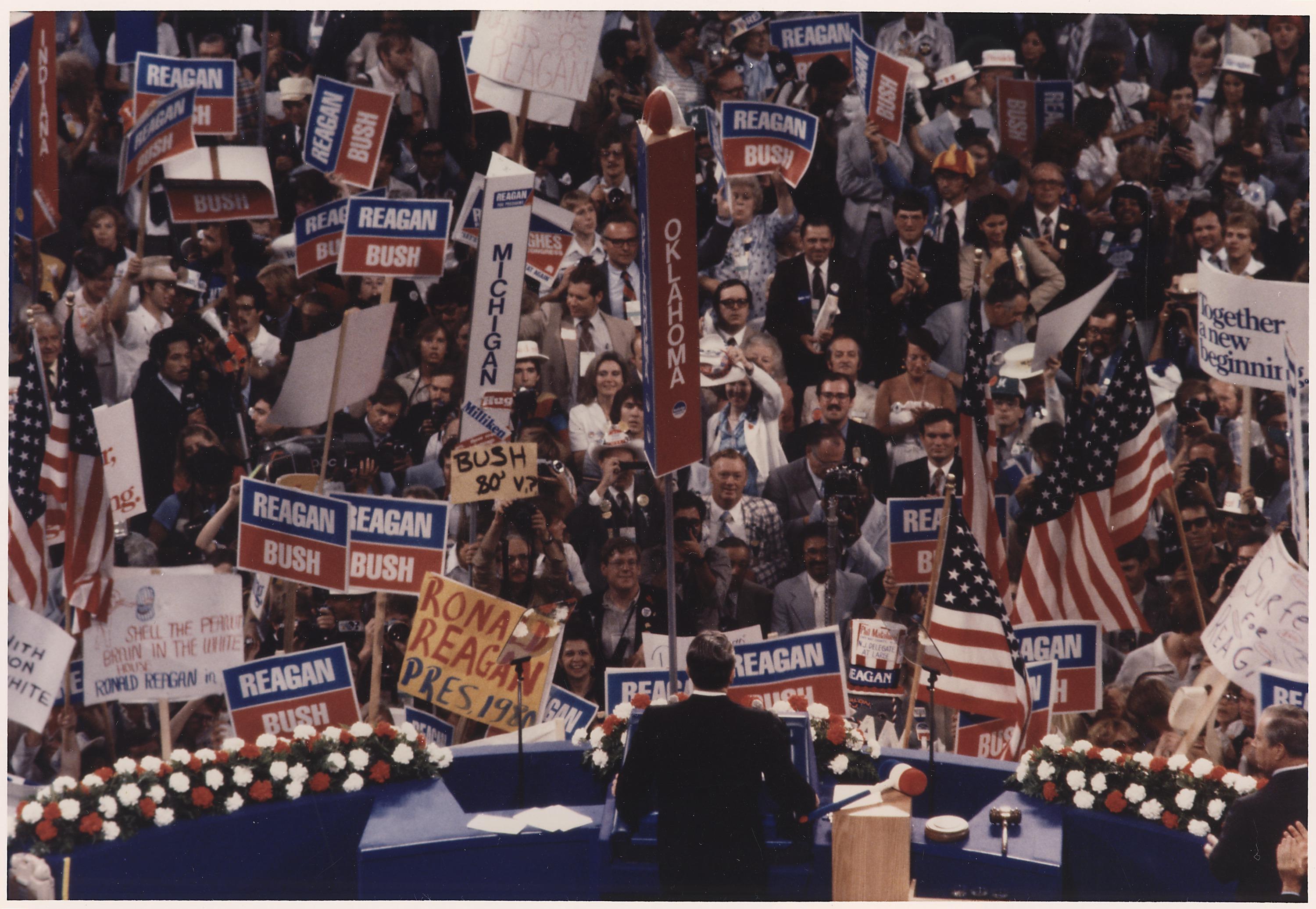 Ronald Reagan gives his acceptance speech at the Republican National Convention, July 1980. 