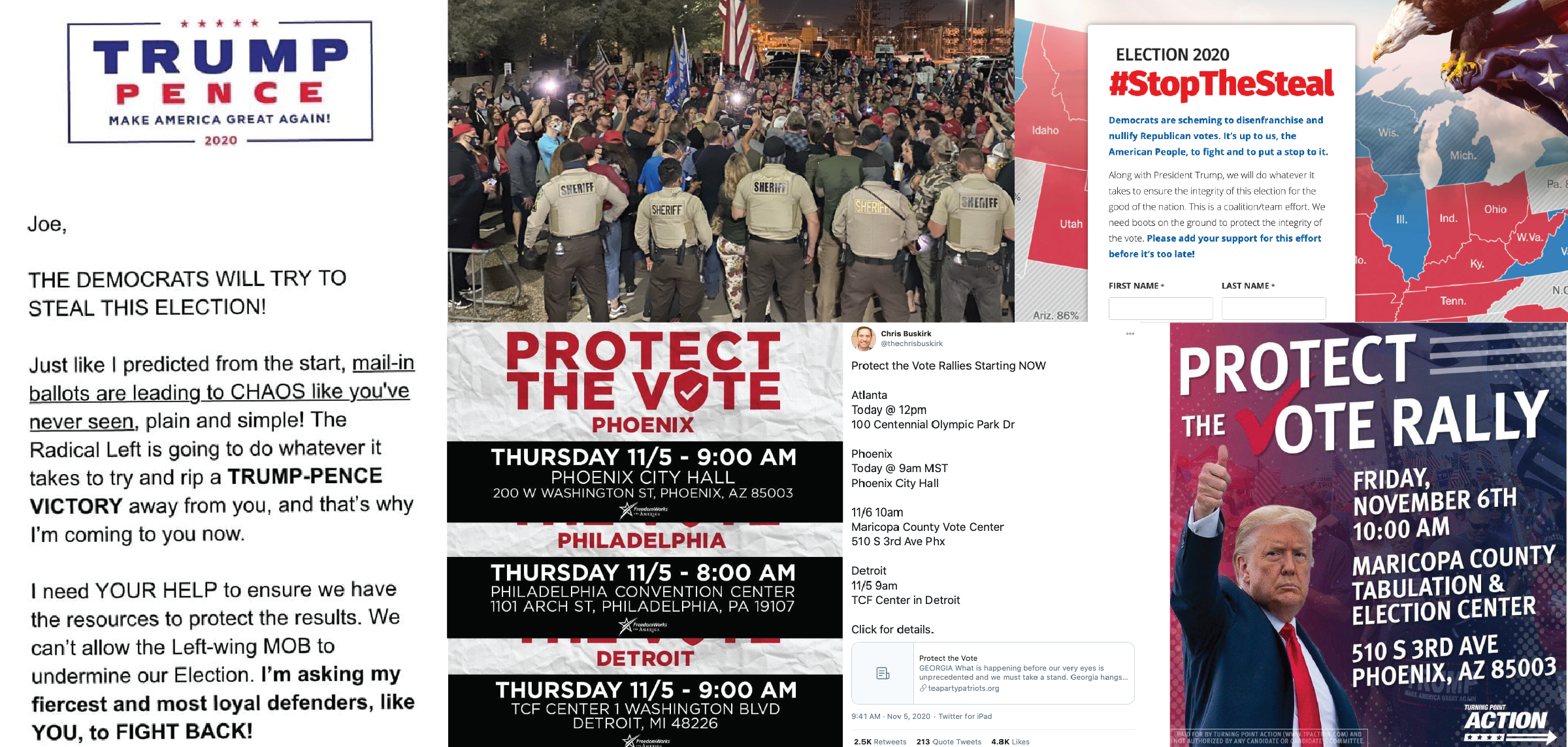 A compilation of calls to action circulating within far-right communities online - mobilizing paramilitary and pro-Trump groups for organized action in key states.