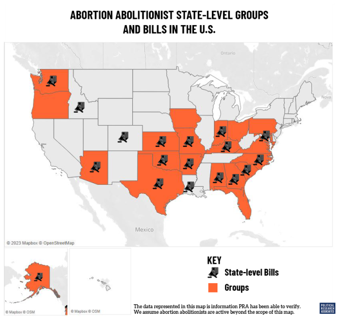 a map depicting the abortion abolitionist state-level bills and abortion abolitionist groups in the United States