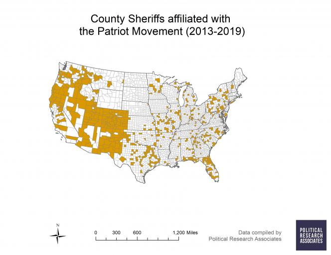This map depicts in orange, the 553 (of 3081) sheriffs nationwide who the Constitutional Sheriffs and Peace Officers Association (CSPOA) claimed as “constitutional,” since 2013.