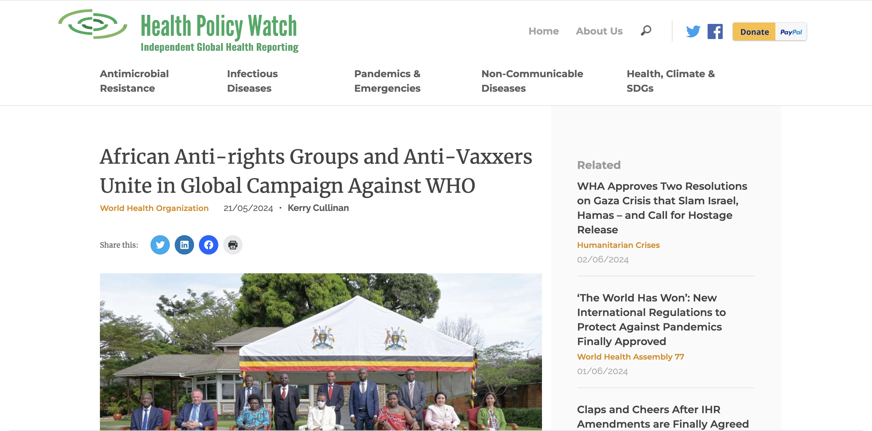Screenshot of Health Policy Watch