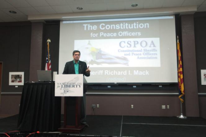 CSPOA founder Richard Mack speaking at a meeting for the Glendale Community College Young Americans for Liberty chapter in Glendale, Arizona on Feb. 25, 2016.