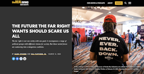 Screengrab of a predominantly black and gray website featuring a photo of the back of a White man wearing a t-shirt that reads "Never. Ever. Back. Down. DeSantis"