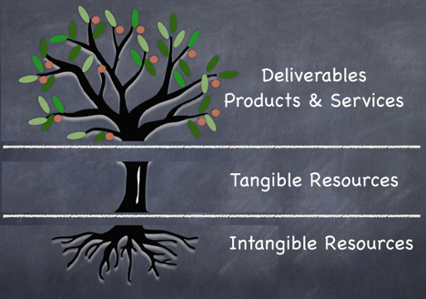 A tree with three tiers: 1. Delivarables and services, 2. Tangible Resources, 3. Intangible Resources