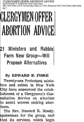 An image of the article from The New York Times. "Clergymen offer abortion advice"
