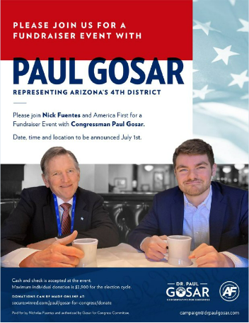 A flyer for a fundraiser event featuring U.S. Rep. Gosar (left) and Nick Fuentes (right), posted on an America First Telegram channel, shows the two leaders grabbing coffee in Orlando, Florida the day after AFPAC II. (Credit: America First Updates/Telegram)