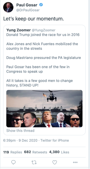 A tweet from Representative Paul Gosar promoting Fuentes as a key leader of the Stop the Steal movement.