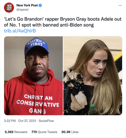 A tweet from the New York Post about the rapper Bryson Gray