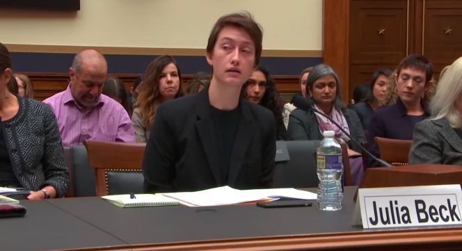 WoLF member Julia Beck testifies against VAWA's continued funding in a House Committee Hearing on 	Thursday March 7, 2019