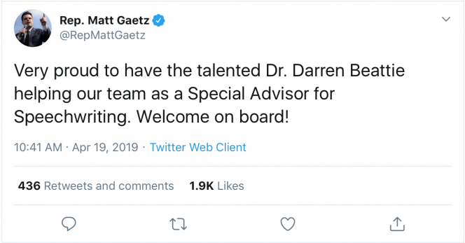 Rep. Gaetz Tweet announcing Beattie's new role