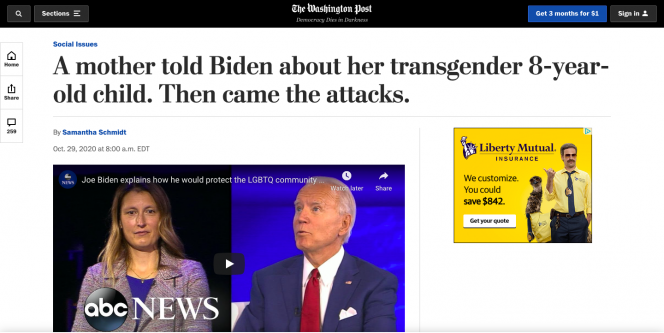 Washingtonpost.com, headline, and a video screen showing Joe Biden and a woman.