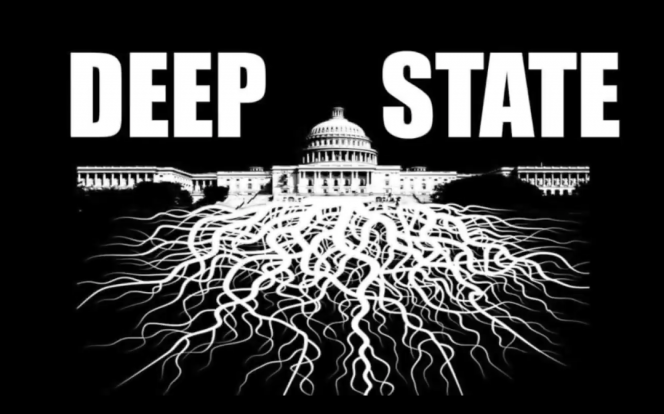 On a black background, an illustration of the white house, with roots below the ground. The words "The Deep State" above it.