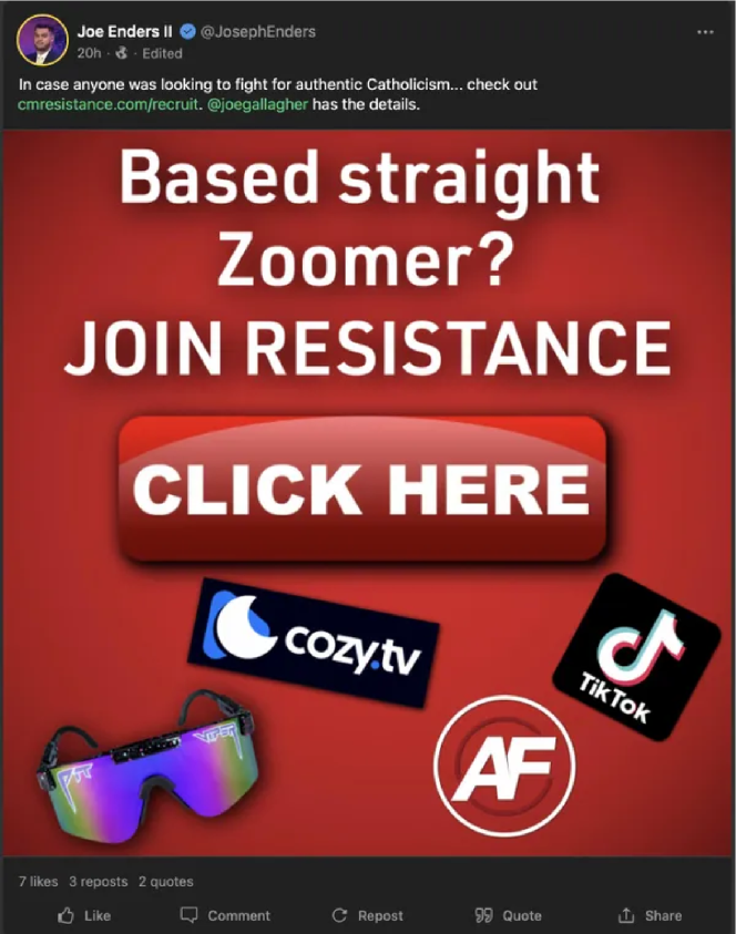 A social media post that says "Based straight zoomer? Join Resistance Click here." logos of Cozy.tc, TikTok and America First.