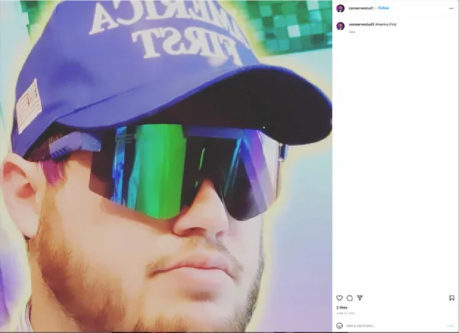 An instagram post of a man wearing a blue America First cap and sunglasses.