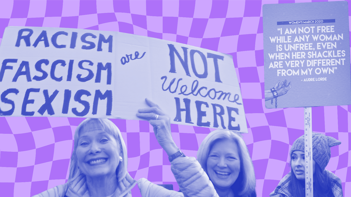 A purple checkered background with protestors holding signs in favor of women's rights