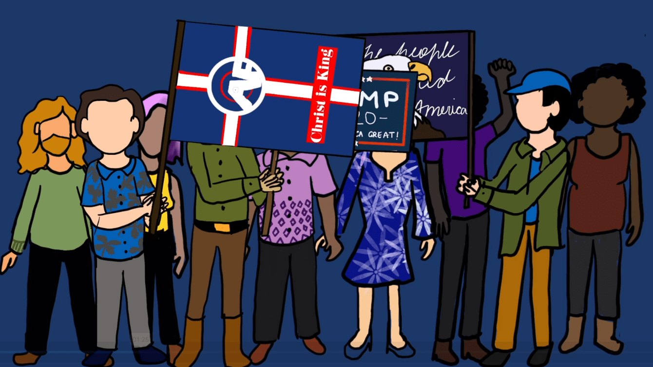 An animated group of groyper protestors