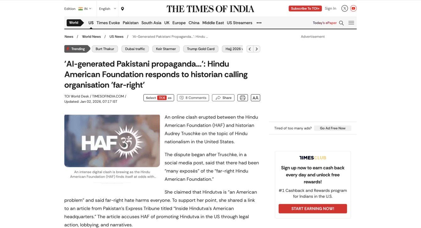 screenshot of Times of India