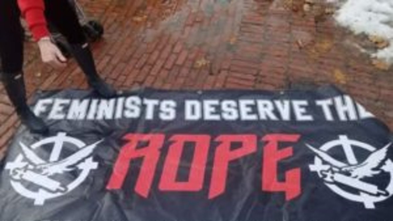 Vanguard America banner removed from State House lawn by Women’s March 2.0 participants in Providence, RI