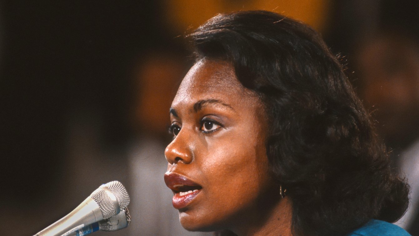 Anita Hill testifies before Congress, during Clarence Thomas confirmation hearings for Supreme Court, October 11, 1991. 