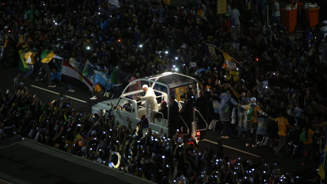 Pope Francis arrives at Copacabana beach for a welcoming ceremony for World Youth Day 2013 in Rio de Janeiro, Brazil.