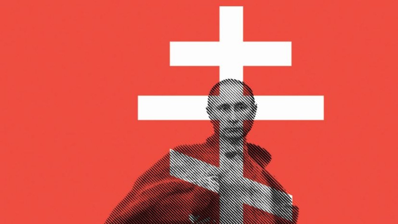 Putin stands in front of the Eastern Orthodox cross and the geographical outline of Russia.