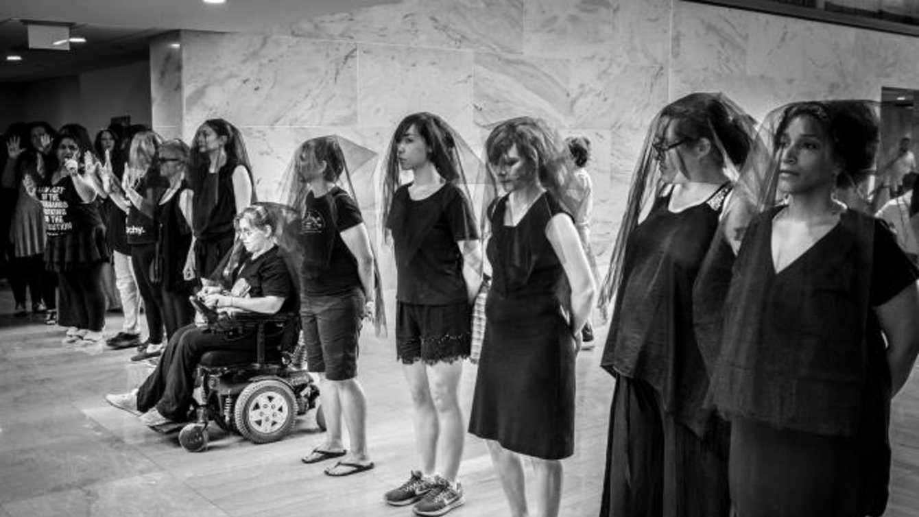 Women protesting the nomination of Brett Kavanaugh to the U.S. Supreme Court at the Hart Senate Office Building on Friday, September 7, 2018.