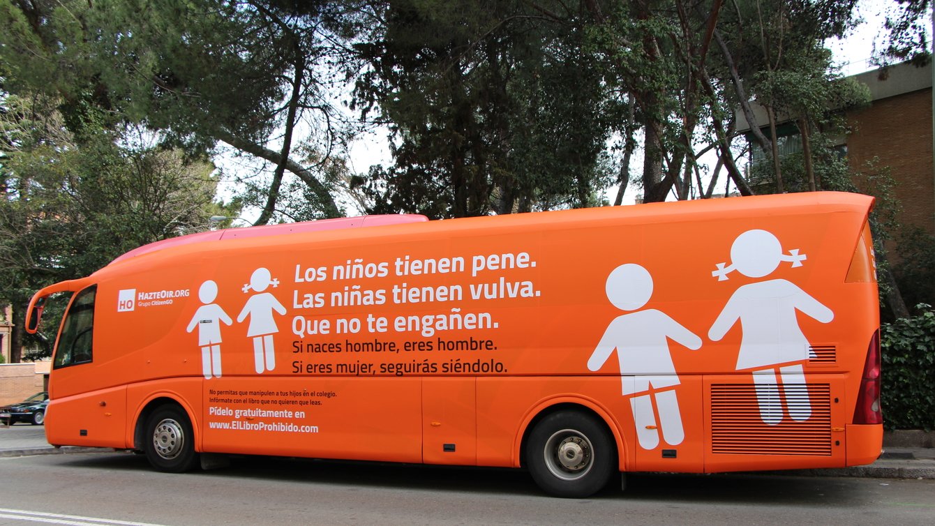 An orange HazteOir/CitizenGO bus in Spain