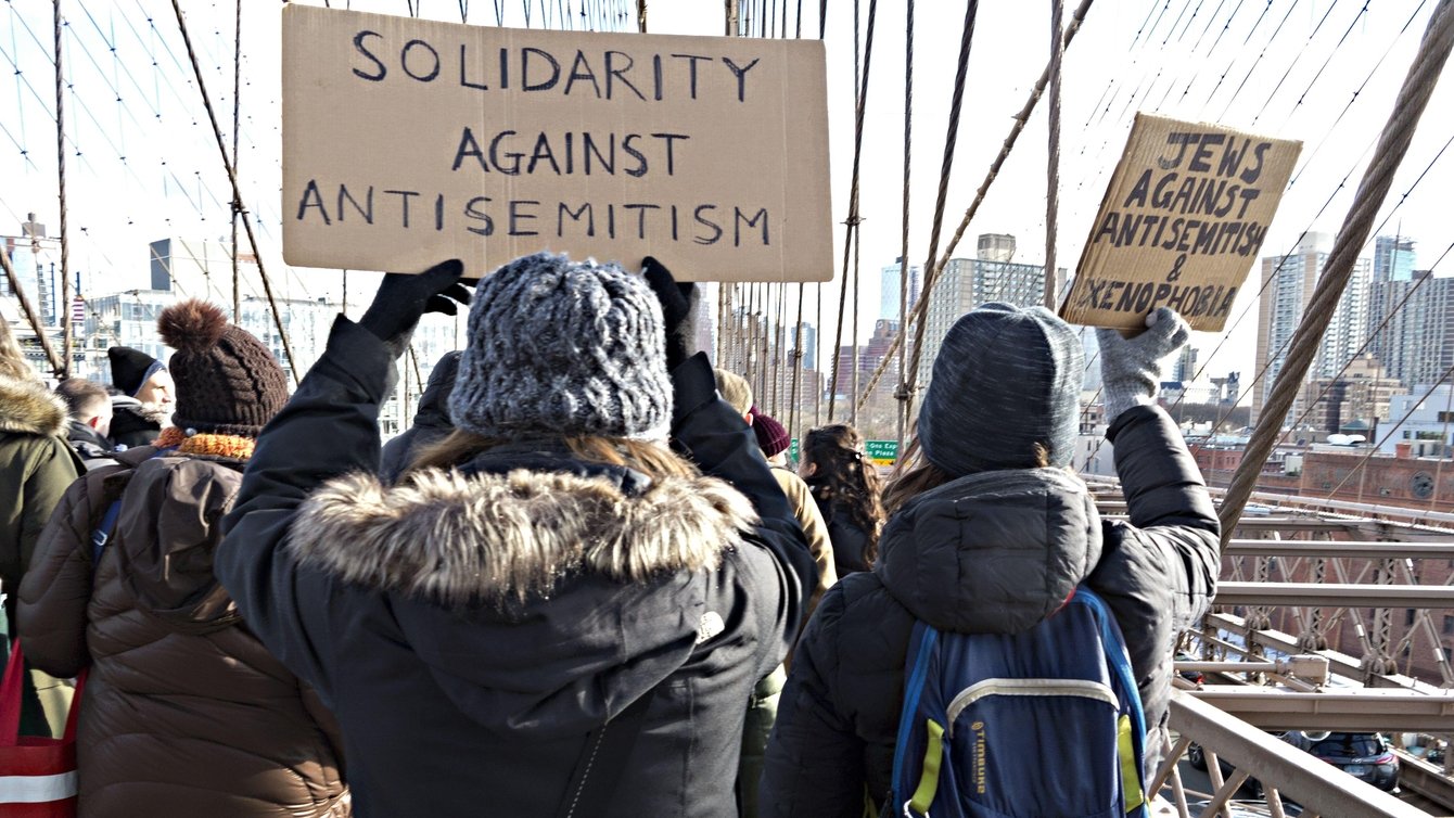 New York, USA. 5th January, 2020. About 15,000 protesters took to the streets in the No Hate No Fear March in response to increased antisemitic attacks