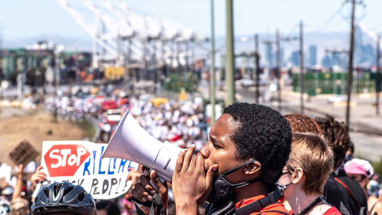 Protest organizer with a bullhorn
