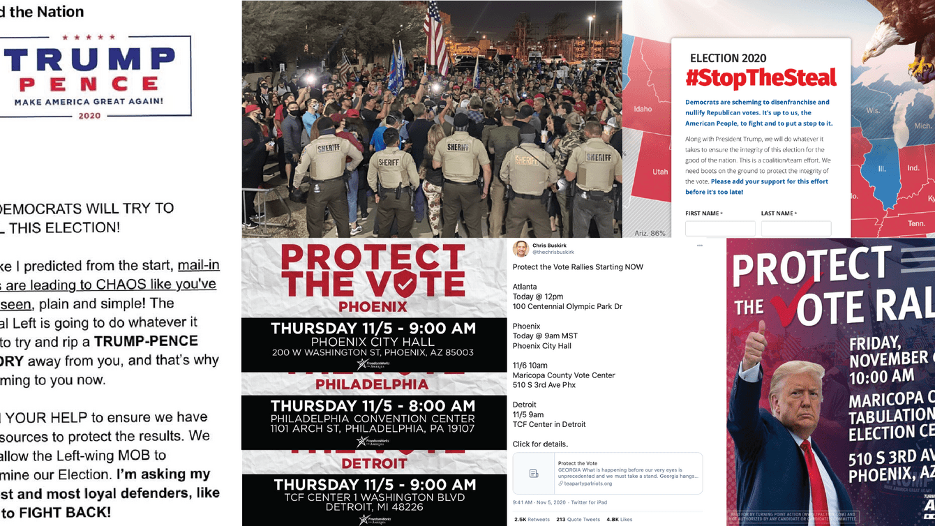A compilation of calls to action circulating within far-right communities online - mobilizing paramilitary and pro-Trump groups for organized action in key states.