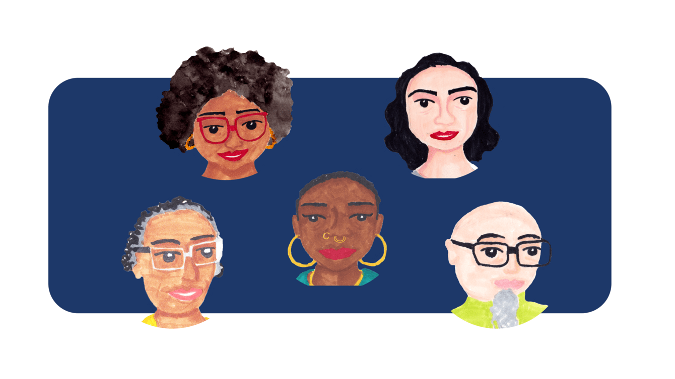 Drawings of people's faces on a blue background