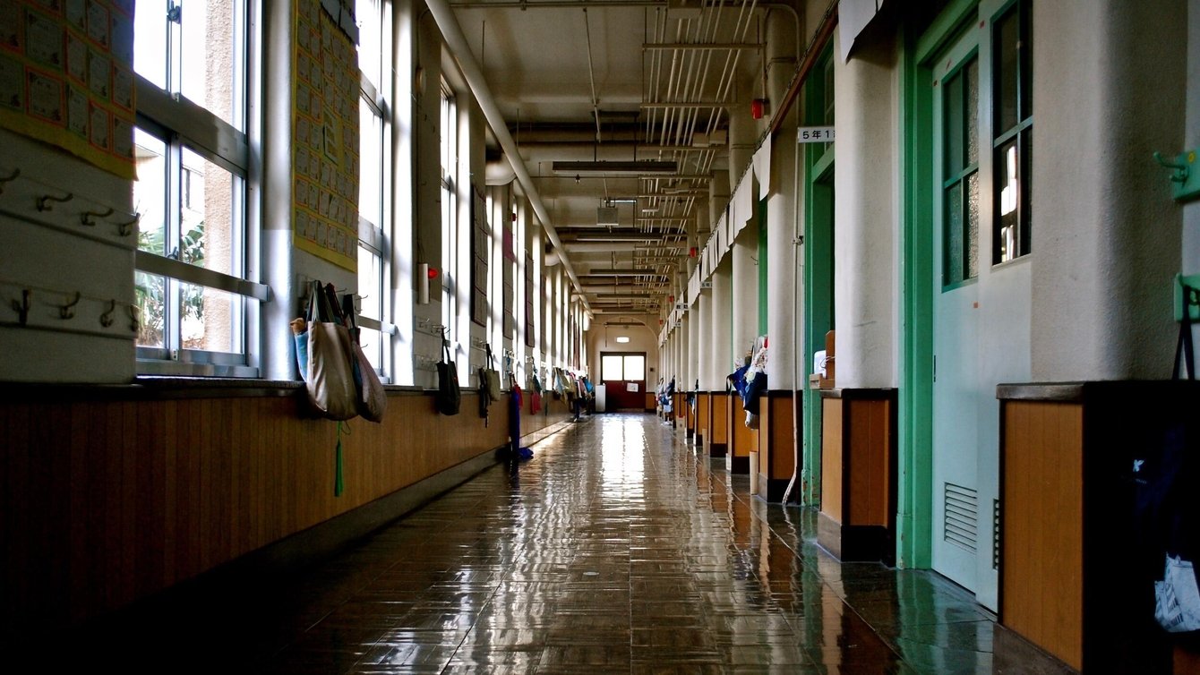 An empty school hallway