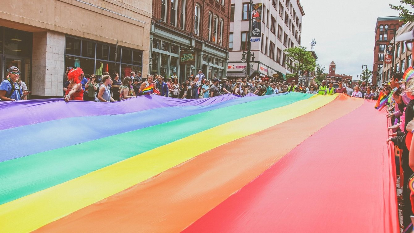 Group of people holding large pride flag above street at pride parade.