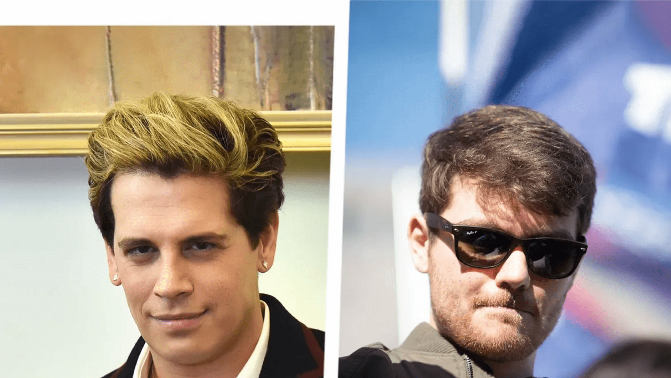 A split image of Milo Yiannopoulos and Nick Fuentes