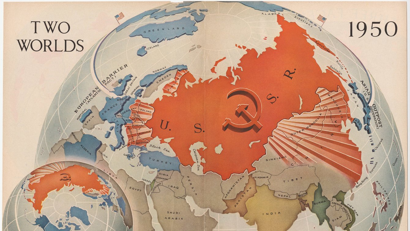 A drawing of the globe with a warped perspective to enlarge a red and sickle covered USSR.