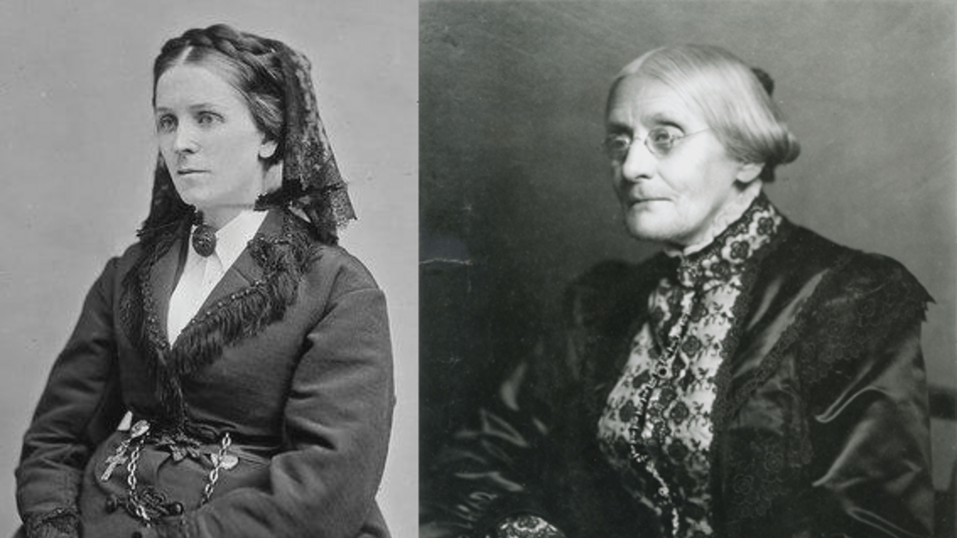 Two black and white pictures of women in black dresses.