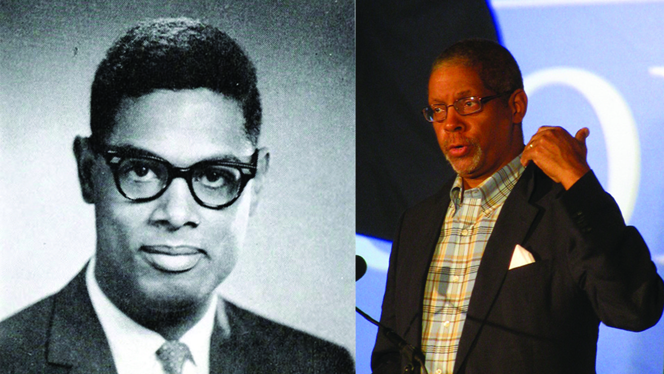 A black and white photo of a Black man in glasses, and a black man in a suit.