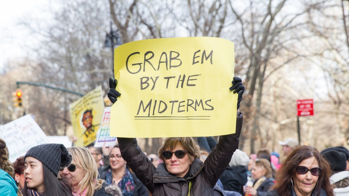 A White woman in a black coat holding a banner saying "Grab em by the midterms"