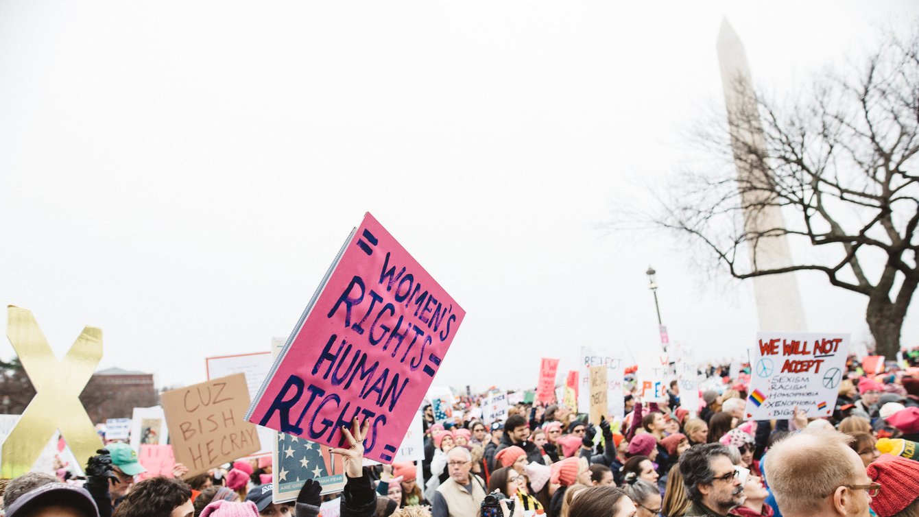 Protest crowd with pink and blue sign that reads Womens Rights = Human Rights
