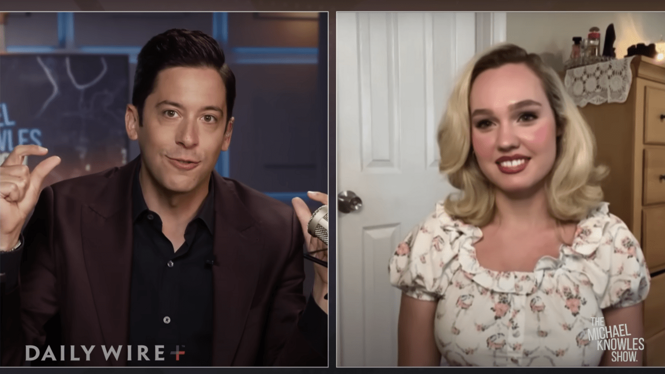 a split screen with a man on one side and a white woman with blonde hair on the other side.