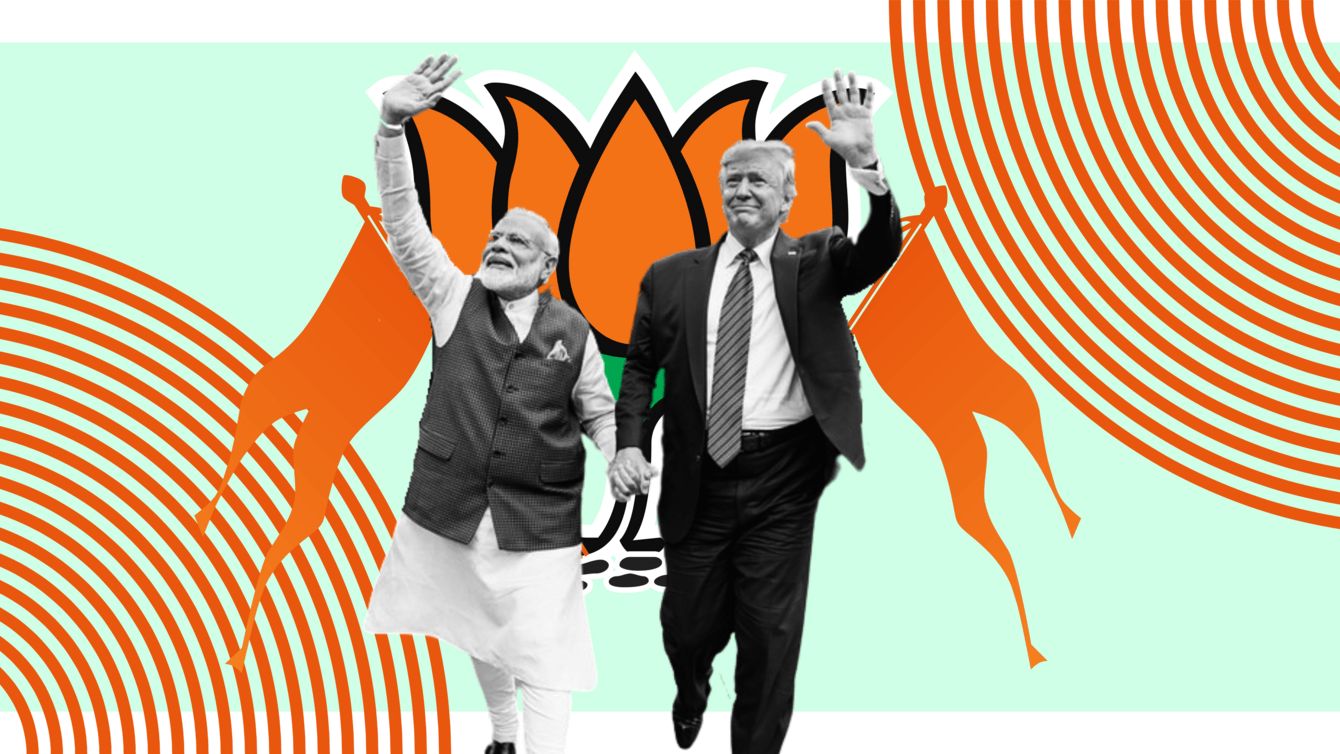 a cut out of Modi and Trump with orange flags and the BJP logo behind.